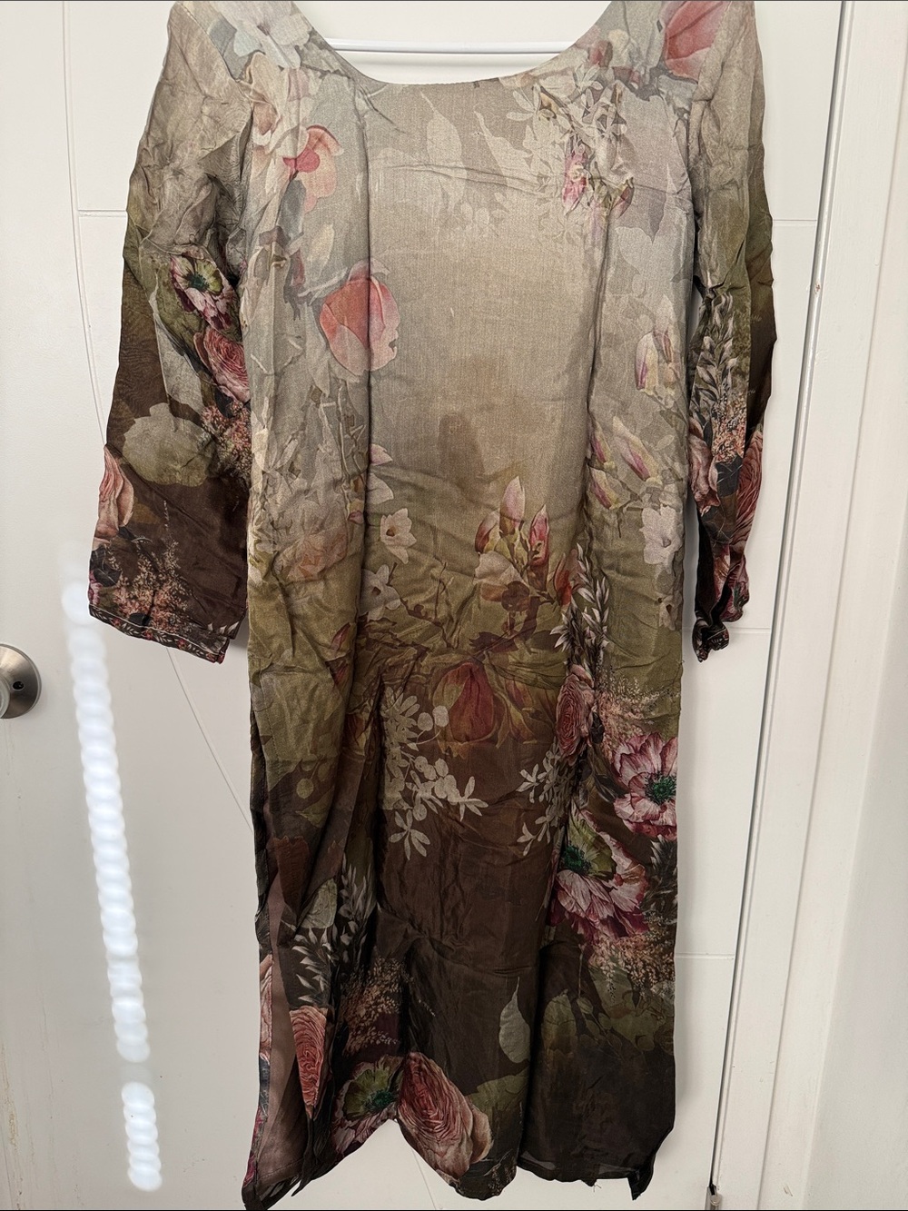 Floral Scoop-Neck Indian suit in Olive and Brown - Picture 3 of 4